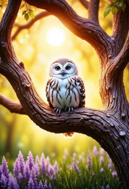 fantasy. art. snowy owl. gigantic tree at the edge of the picture. Snowy owl sits on the branch of the tree. spring. sun in background. meadow in the background. flowers. vivid colour, vivid background. petal
perfection style, aidmaMJ6.1, small zhibi, cute, fntsylghtshwCE_style