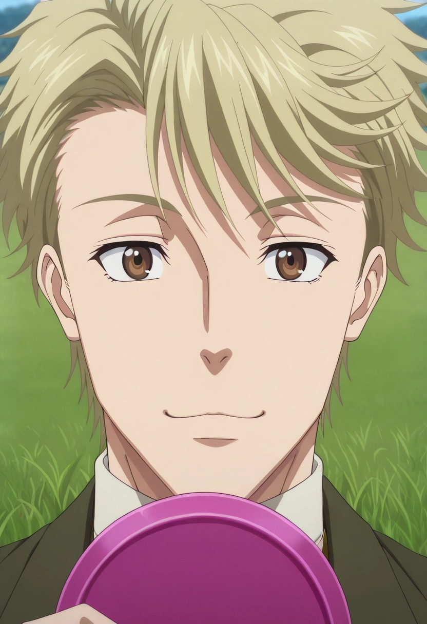 masterpiece, best quality, intricate details, anime screencap, , , looking at viewer, 1boy, solo, male focus, <lora:john_h_watson_ilxl:1>, john_h_watson, blonde hair, brown eyes, short hair, , close-up, grass, noon, holding object, :\3,