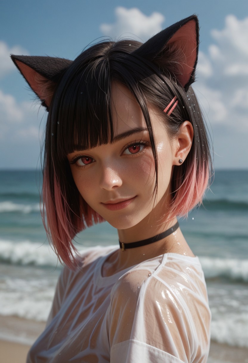 score_9_up, score_8_up, score_7_up, score_6_up, 1girl, 25 years old, perfect face, (adult), sexy, 
detailed face, portrait, face focus, depth of field, looking at viewer, blush, shy smile, close up, 
red eyes,
short hair, bob cut, straight hair, blunt bangs, blunt ends, multicolored hair, two-tone hair, black hair, pink hair, colored inner hair, hair behind ear, hair ornament, hairclip, stud earrings, 
animal ears, cat ears, colored inner animal ears, 
black choker,
wet clothes, see-through clothes, see-through shirt, white shirt, wet shirt, 
ocean, outdoors, beach,