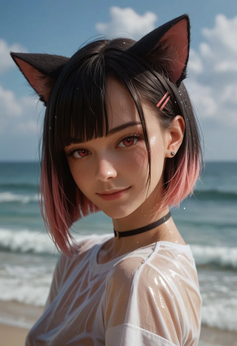 score_9_up, score_8_up, score_7_up, score_6_up, 1girl, 25 years old, perfect face, (adult), sexy,
detailed face, portrait, face focus, depth of field, looking at viewer, blush, shy smile, close up,
red eyes,
short hair, bob cut, straight hair, blunt bangs, blunt ends, multicolored hair, two-tone hair, black hair, pink hair, colored inner hair, hair behind ear, hair ornament, hairclip, stud earrings,
animal ears, cat ears, colored inner animal ears,
black choker,
wet clothes, see-through clothes, see-through shirt, white shirt, wet shirt,
ocean, outdoors, beach,
