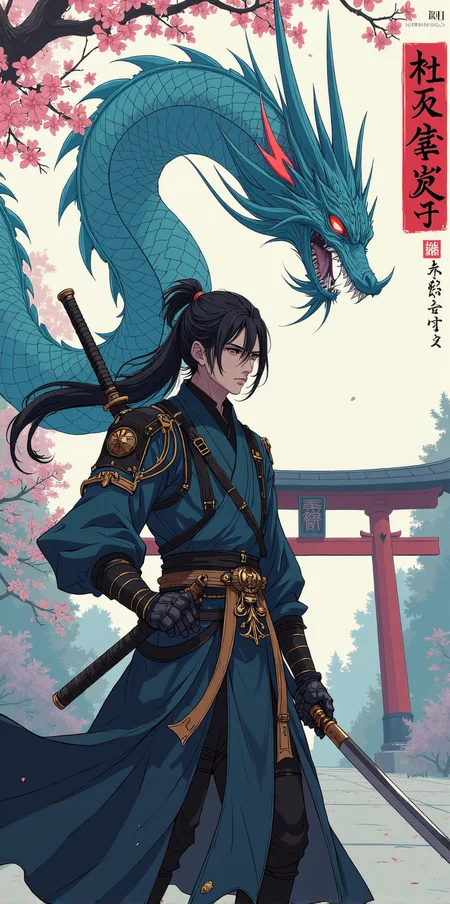 A digital anime artwork in the style of cklg,  upper body shot, of a male ronin, (wonderful mechanized robotic creatures, such as cyborgs, robots, heavy mechs), long black hair, oni mask, holding an elegant katana japanese sword, combat stance, cherry blossoms ,(in the background a glittering etheral asian dragon), handwritten symbols, a  torii, japanese temple,
<lora:ck-nc-luminal-genesis:1>