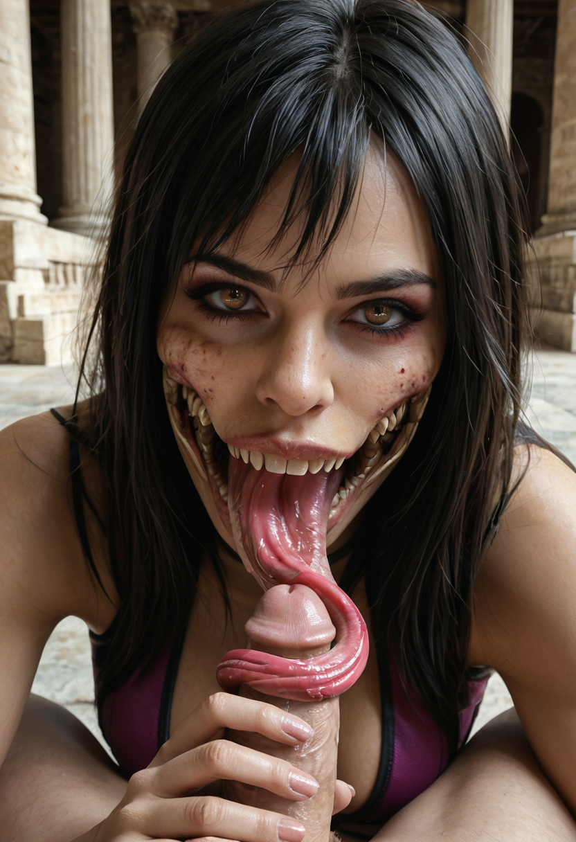 photorealistic, Mileena, (long tongue, very long tongue:1.5), wide mouth, pov, pov crotch, (penis:1.25), saliva, (tonguejob:1.25), fellatio, looking at viewer, bloody mouth, upper body, roman coliseum