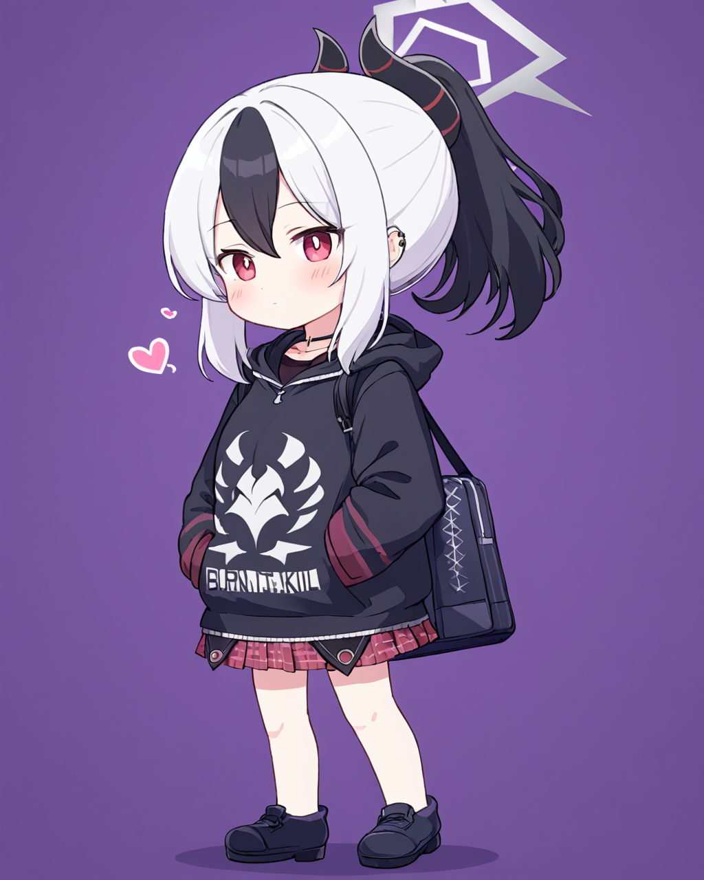 kayoko \(blue archive\),1girl, black_hoodie, solo, ponytail, horns, red_skirt, halo, chibi, hand_in_pocket, hood_down, low_wings, single_wing, long_sleeves, blush, black_footwear, heart, closed_mouth, full_body, choker, bag, purple_background, pleated_skirt, plant, holding, plaid_skirt, earclip, outstretched_arm, ear_piercing
<lora:kayoko_(blue_archive)_image350_batch3_v1-000045:1>,halo,. gorgeous,key visual, vibrant, studio anime,award-winning, professional, highly detailed,high budget, cinemascope