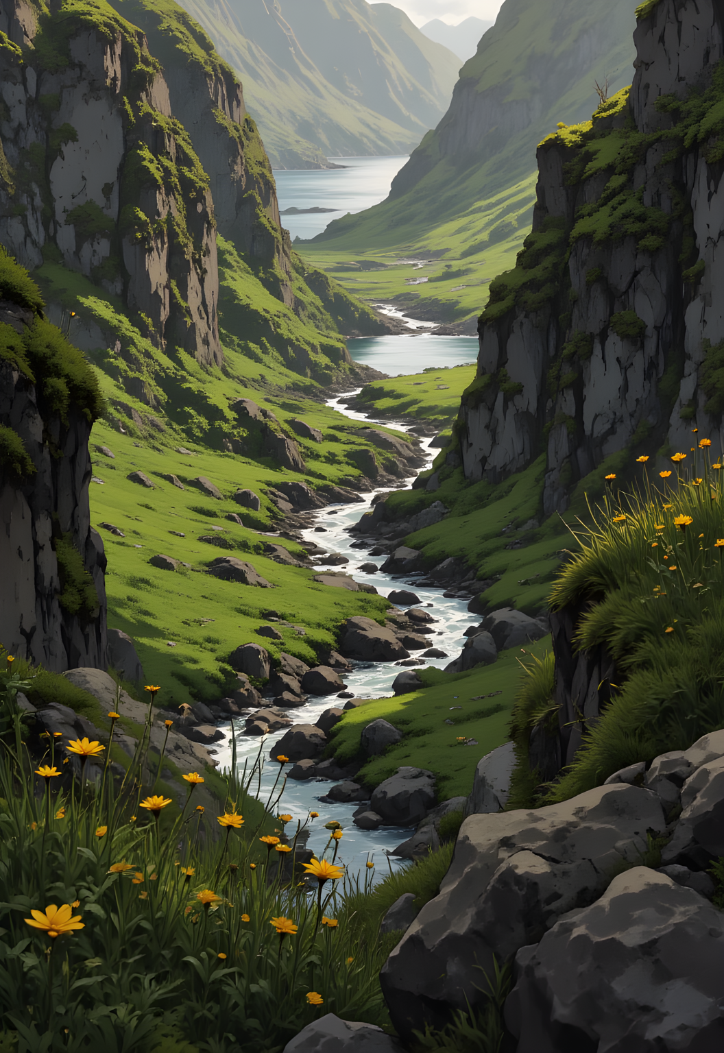A breathtaking natural landscape featuring a serene and lush valley. The scene is dominated by towering cliffs on either side, their rocky surfaces covered in vibrant green moss, creating a rich, verdant backdrop. A winding river flows through the center of the valley, its clear waters reflecting the surrounding environment as it meanders between the steep walls. The cliffs are rugged and imposing, with patches of exposed rock adding texture to the otherwise green expanse.
In the foreground, delicate yellow wildflowers dot the grassy slopes, adding pops of color that contrast beautifully with the deep greens of the vegetation. The river appears calm and tranquil, its path curving gracefully through the narrow gorge. In the distance, the valley opens up to reveal a larger body of water, possibly a lake or fjord, nestled among more distant hills and cliffs. The overall atmosphere is one of peaceful solitude, showcasing the raw beauty of nature in a remote and untouched setting. 
j_art, anime, anime art, <lora:FLUX\jul\J_Anime:0.7>, <lora:FLUX\RealAnime:0.7>