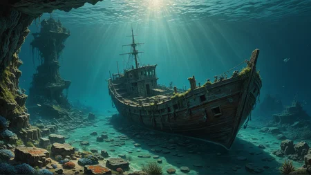 Realistic oil painting of a sunken ship graveyard and a lost city beneath the ocean, eerie yet serene, shimmering blues and greens, sunlight filtering through the water, detailed coral and ocean life, old stone structures, mysterious and alluring atmosphere, ancient artifacts, sense of discovery, beautiful yet ominous, romantic, mythical, detailed, high contrast, dynamic, captivating, evocative, masterpiece, J.W. Waterhouse, John Singer Sargent, Howard Pyle, Alphonse Mucha, Gustave Doré, Art Nouveau, Pre-Raphaelite, dramatic, dreamlike <lora:add-detail-xl:1>, (Masterpiece:1.3) (best quality:1.2) (high quality:1.1)