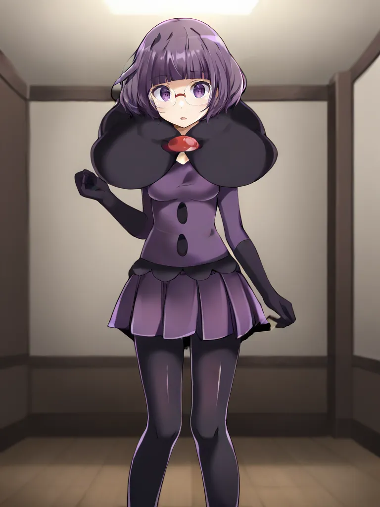 <lora:BWshauntaltsukishiro:0.7>
1girl, solo, shaunshikimital, purple hair, short hair, bob cut, blunt bangs, purple eyes, glasses, capelet, purple shirt, elbow gloves, purple skirt, pantyhose, indoors, room, standing, parted lips,
