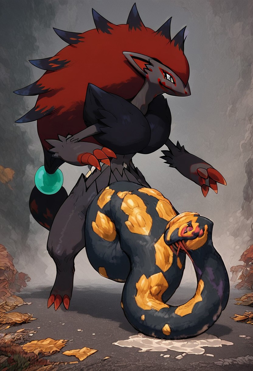 score_9, score_8_up, score_7_up, source_anime, Zoroark, pokemon (creature), hyper crotchseviper, feral, solo, treating crotchseviper in hand, long straight thick crotchseviper, crotchseviper slithering all around, running on street