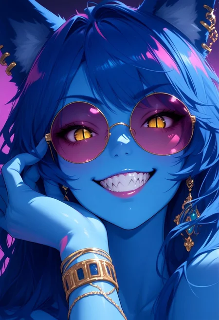 DjM_up, 1girl, tinted eyewear, solo, animal ears, blue skin, looking at viewer, colored skin, teeth, jewelry, slit pupils, yellow eyes, sunglasses, earrings, smile, round eyewear, blue hair, masterpiece, best quality, very aesthetic