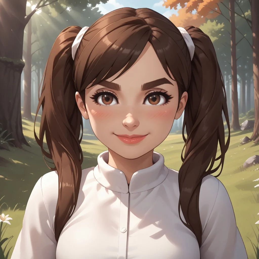 score_9, score_8, BREAK, solo, mii, wii, brown hair, twintails, white clothing, lips, blush, brown eyebrows, brown eyes, 1girl, female mii, black pants, cute, shoes, wii sports, Sophia_(Wii_Sports), nintendo mii, modern_mii, classic_mii, breasts, sexy pose, smile, outdoors, sunlight, shadows, evening lighting, natural lighting, forest, trees, grass, orange sky, sunset