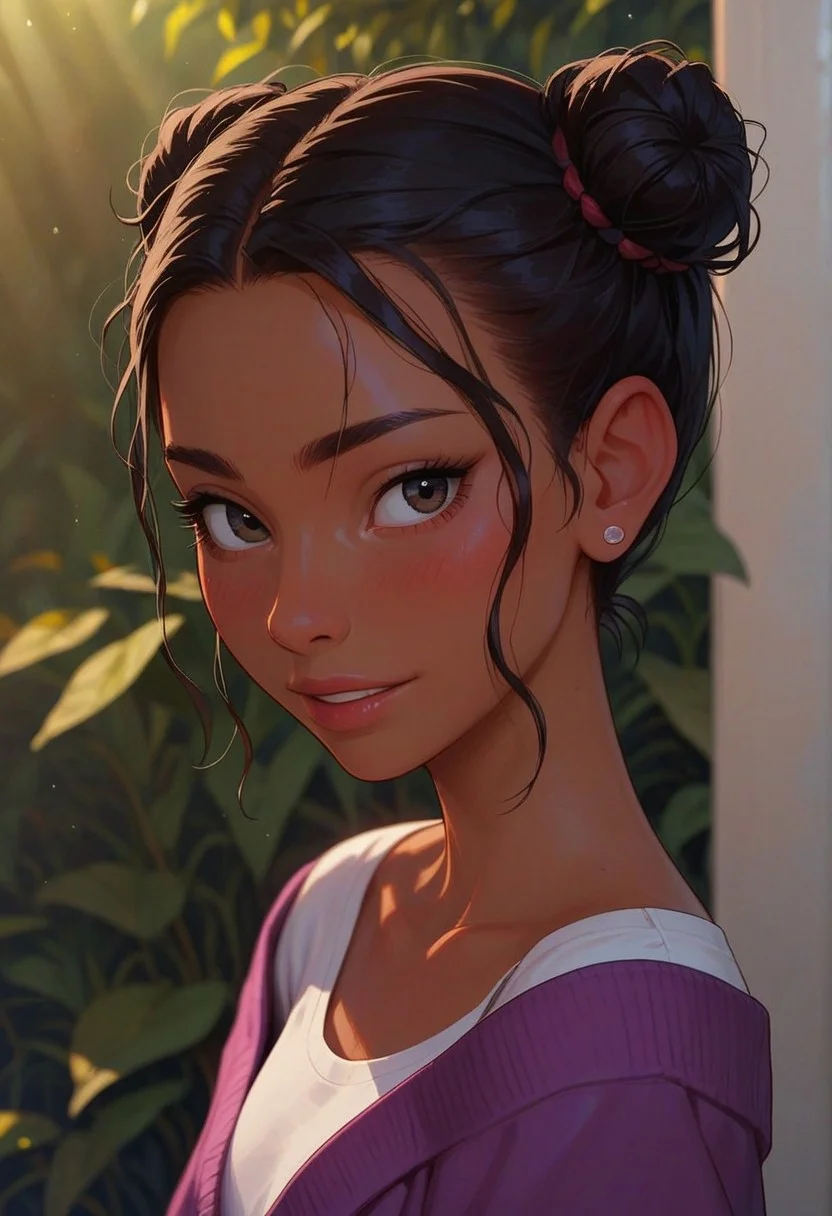 score_9_up, score_8_up, score_7_up, score_6_up, 1girl, 25 years old, perfect face, petite, adult,
detailed face, portrait, face focus, depth of field, looking at viewer, blush, shy smile, close up,
dark eyes, black hair, African, dark skin, hair bun, double bun, messy hair,
white shirt, purple cardigan, off shoulder,
sunlight, warm lighting,