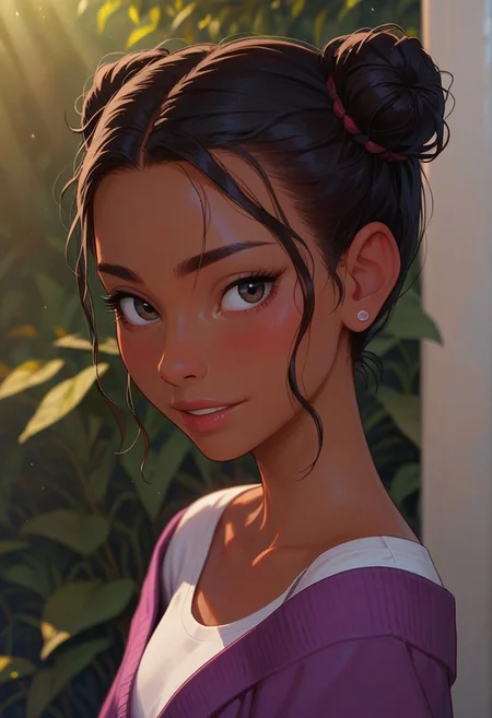 score_9_up, score_8_up, score_7_up, score_6_up, 1girl, 25 years old, perfect face, petite, adult,
detailed face, portrait, face focus, depth of field, looking at viewer, blush, shy smile, close up,
dark eyes, black hair, African, dark skin, hair bun, double bun, messy hair,
white shirt, purple cardigan, off shoulder,
sunlight, warm lighting,