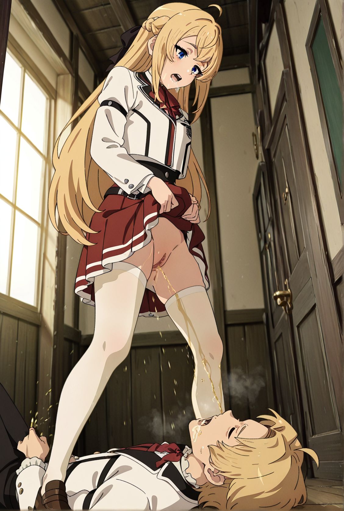 masterpiece, best quality, newest, absurdres, highres, detailed eyes, beautiful, detailed background, perfect eyes, anime coloring, anime screencap,
<lora:Ariel_Anemoi_Asura_Illustrious:0.8>, aaa, blue eyes, blonde hair, long hair, school uniform, white jacket, long sleeves, red skirt, black hair ribbon, white pantyhose, shoes
<lora:golden_shower:0.8>:golden_showerV1,peeing, 1girl, 1boy, 
 girl pees on another boy,  lying male,drinking pee,open mouth male, pee on face,closed eyes male, 
wet,steaming body,  golden shower,pussy,pee on mouth, skirt lift, standing, facing another, 
Rudeus Greyrat,  mushoku tensei,  blonde hair,