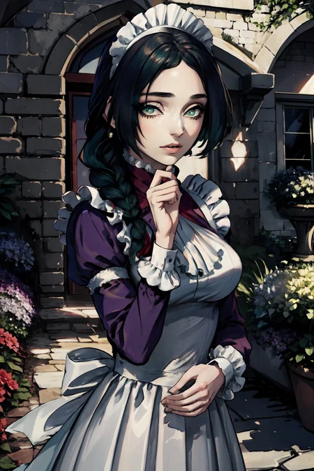 (masterpiece),(best quality), <lora:Gisellev2:0.8>,Giselle, the maid outfit, long hair, braid, green eyes, (manor), flower, (garden), outside, close, ultra detailed,<lora:Beautifuleyes:0.6>, beautiful eyes
