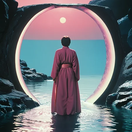 <lora:70sSci-FiMovieSDXL:1> ArsMovieStill, movie still from a 1970s technicolor Sci-Fi movie, The image shows a person standing in the middle of a large circular tunnel. The tunnel is made of dark rocks and is surrounded by a body of water. The person is wearing a long flowing robe and is facing towards the right side of the image. The sky is a deep pink color and the sun is setting in the background casting a warm glow over the scene. The water is a light blue color and reflects the colors of the sky. The overall mood of the scene is peaceful and serene., reflection, 1boy, solo, japanese clothes, water, male focus, moon, kimono, standing, from behind