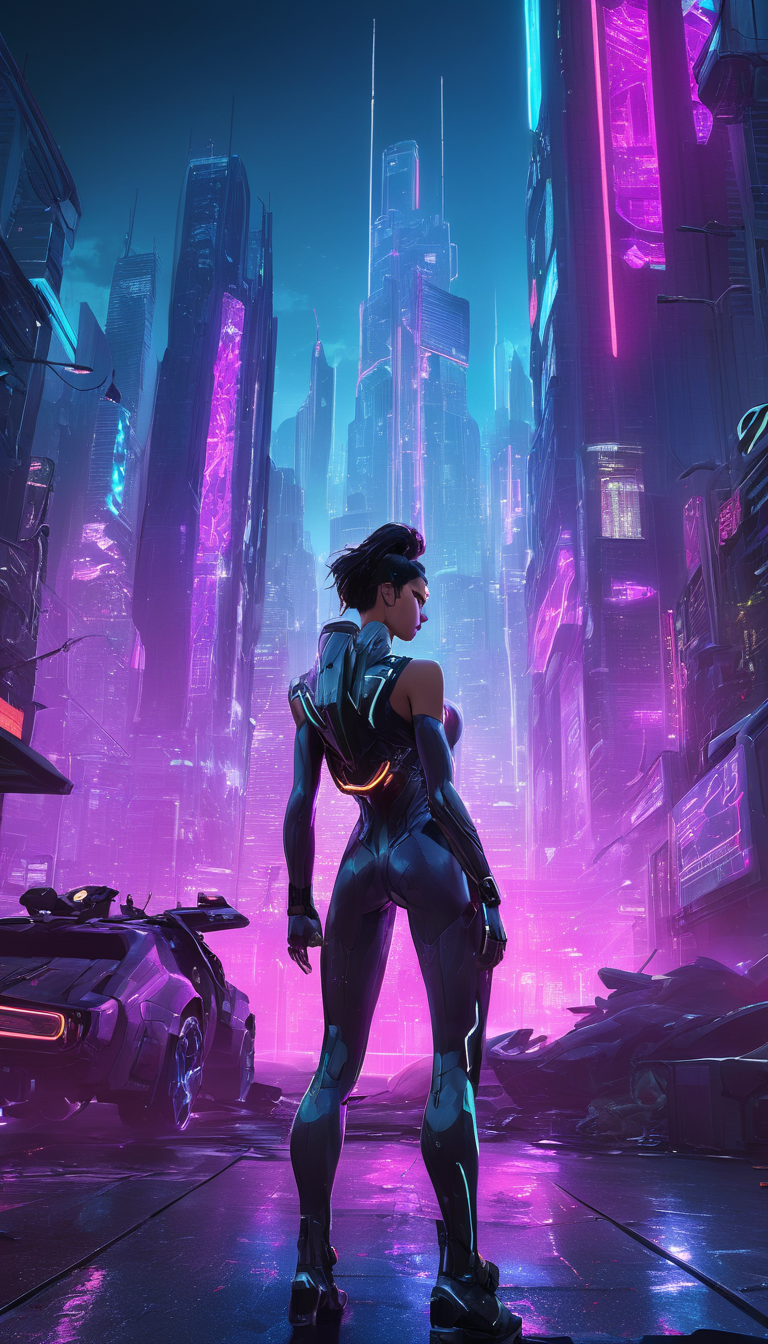 Cinematic scene, hero view, a futuristic cityscape, with towering skyscrapers and neon lights that illuminate the dark streets, action pose, detailed background, masterpiece, best quality, high quality, highres, absurdres, cyberpunk <lora:cyberpunk_xl_v1:1>