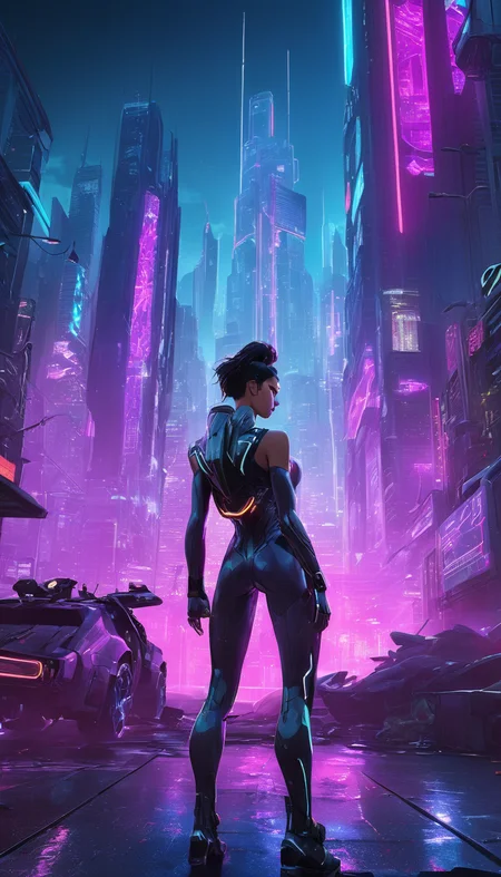 Cinematic scene, hero view, a futuristic cityscape, with towering skyscrapers and neon lights that illuminate the dark streets, action pose, detailed background, masterpiece, best quality, high quality, highres, absurdres, cyberpunk <lora:cyberpunk_xl_v1:1>