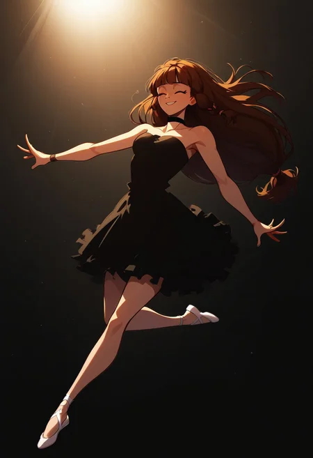 Blend_in, black background, score_9, score_8_up, score_7_up, masterpiece, best quality, absurdres, highly detailed, (high contrast, spotlight), (from above:0.6), flying dust particles,mature, stunning, 
BREAK 
1girl, solo, imtdlilaross, long hair, low-tied long hair, green eyes, blunt bangs, brown hair, hair tubes, thin black choker, strapless ballerina attire, bell tutu, pitch black clothes, (white ballerina pointes), arabesque, dynamic pose, open legs, stage performance, smile, closed eyes