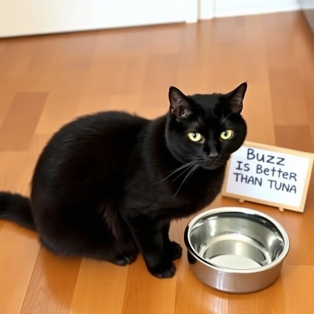 a solid black american shorthair cat sitting on a hardwood floor, next to a food bowl that is empty and a small sign that says "Buzz Is Better Than Tuna"