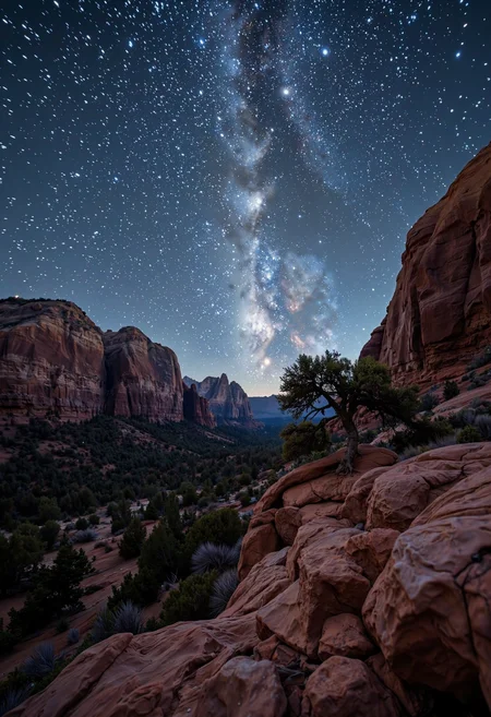 Under a vast, clear night sky filled with countless stars, a rugged canyon stretches into the distance, illuminated only by the pale light of a crescent moon. The Milky Way arcs overhead, casting a faint, otherworldly glow on the canyonâs red rock walls and craggy cliffs. A single, twisted juniper tree stands near the edge of a cliff, its silhouette etched against the star-lit sky. Captured with a Hasselblad camera, this wide-angle shot uses long exposure to bring out the stars, creating a scene that blends the raw, ancient beauty of nature with the vast, silent universe.<lora:Flux.1_Turbo_Detailer.safetensors:0.7000000000000001:0.7000000000000001>