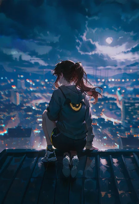 masterpiece, best quality, good quality, very awa, very aesthetic, absurdres, newest, 1girl, solo, long hair, brown hair, black hair, long sleeves, sitting, ponytail, outdoors, sky, shorts, shoes, cloud, hood, from behind, blurry, hoodie, blurry background, night, depth of field, hood down, moon, cloudy sky, sneakers, building, night sky, full moon, city, facing away, cityscape, grey hoodie, rooftop, city lights, 96yottea,