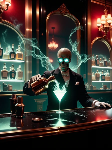cinematic film still in a noir-style with art deco influences, the color palette is predominantly shades of dark red and teal with black and gold, the haunting and atmospheric art deco hotel bar of hotel cortez, the dimly lit space is filled with the glow of antique chandeliers, brass fixtures, and polished black marble surfaces flickering with ghostly light, in the foreground, a skeletal barkeeper stands behind an elegantly curved bar made of polished black marble and brass accents, art deco motifs of sleek geometric patterns and detailed lines adorn the bar and walls, in the background, a towering backlit mirror reflects bottles of glowing spirits lined in eerie rows, the skeletal barkeeper, a reanimated figure in an elegant suit, is mid-motion, pouring a ghostly otherworldly glowing cocktail from a sleek, polished shaker into a cocktail glass resting on the bar, his hollow eyes glow with a faint, eerie green fire as he serves the drink, he wears immaculate white leather gloves, gripping the shaker with precise, practiced movements, the skull is faintly illuminated by the soft glow of gas lamps, a sinister yet polite grin stretches across his bony face, enhancing his unsettling charm, as he pours the drink, wisps of ethereal vapor curl up from the glass, adding to the haunting atmosphere, the image is a medium shot from eye level, placing the viewer in front of the barkeeper, the polished bar surface reflects the faint light, adding depth and dimension, the art deco details frame the skeletal figure, emphasizing his central role, soft, flickering golden light from the antique chandeliers casts dappled light across the room, the background bottles emit an ethereal glow, illuminated particles of dust float lazily in the air, adding to the eerie, forgotten atmosphere, subtle highlights glint off the polished surfaces, shot on 35mm film, capturing the intricate textures of bone, intricate fabric, and marble with rich, cinematic detail, warm light from the flickering gas lamps lends an eerie yet elegant feel, while the ghostly vapor from the cocktail enhances the unsettling charm, aidmahyperrealism, <lora:haunted_hotel-flux-by_dougs0011:1.0> <lora:midjourney_61-v0.2-flux-by_aidma:0.8> <lora:hyper_realism-v0.2-flux-by_aidma:0.6> <lora:image_enhancer-flux-by_dever:0.88>