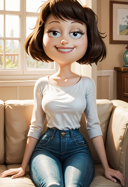 score_9, score_8_up, score_8, <lora:Tamantha_Guterman_aka._Tammy_Rick_and_Morty_for_PonyXL:0.8> 1girl, t4mmy, brown hair, short hair, sitting on couch, living room, window, smile, blouse, jeans,