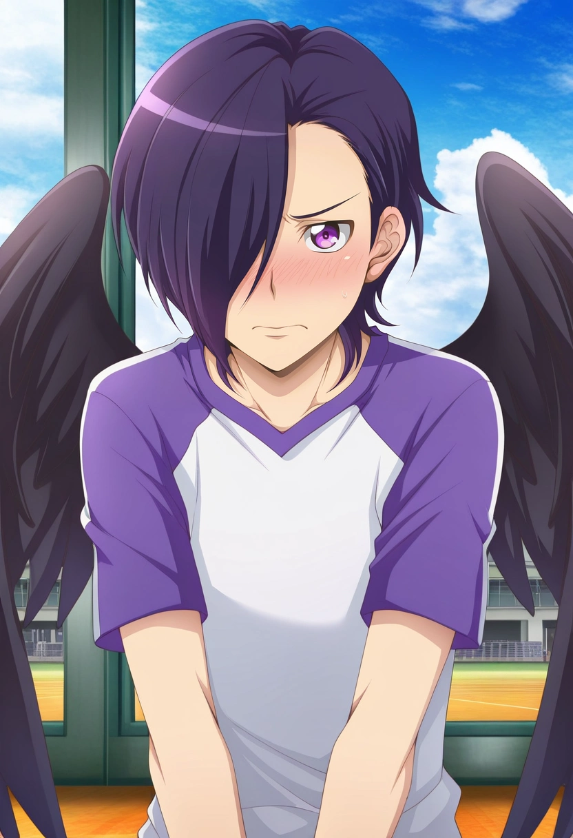 masterpiece, best quality, intricate details, (photorealistic:0.6), looking at viewer, 1boy, solo, male focus, <lora:hanzou_urushihara_ilxl:0.98>, hanzou_urushihara, purple hair, purple eyes, hair over one eye, short hair, black wings, white shirt, raglan sleeves, focused, gym, day, clouds, v arms, embarrassed, nose blush, ,