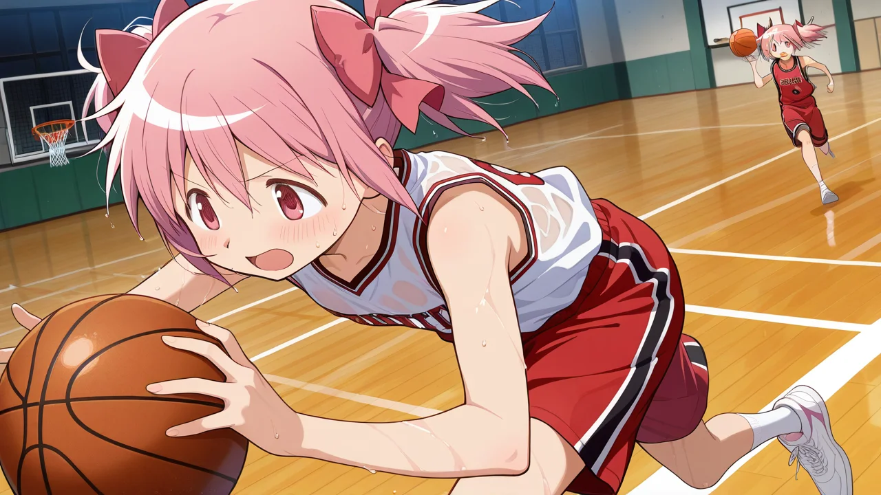 masterpiece, best quality, amazing quality, very aesthetic, absurdres, newest, anime screencap, <lora:kanamemadokaILM:1>, kaname madoka, hair bow, pink eyes, pink hair, short hair, twintails, short twintails, bow, pink bow, blush,, see-through, basketball, basketball uniform, basketball (object), basketball shorts, ball, sportswear, dribbling (basketball), sweat, wet, sweatdrop, fast action, basketball court, open mouth, running, looking away, dribbling, speed lines, dynamic pose,