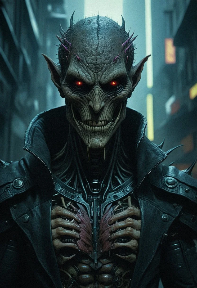 DnD_Grainyboyz, grainy, noise, Dark cyberpunk artwork, Extremely hyper realistic detailed CYBER-DAEMON