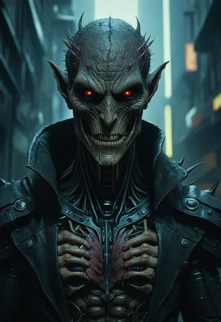 DnD_Grainyboyz, grainy, noise, Dark cyberpunk artwork, Extremely hyper realistic detailed CYBER-DAEMON