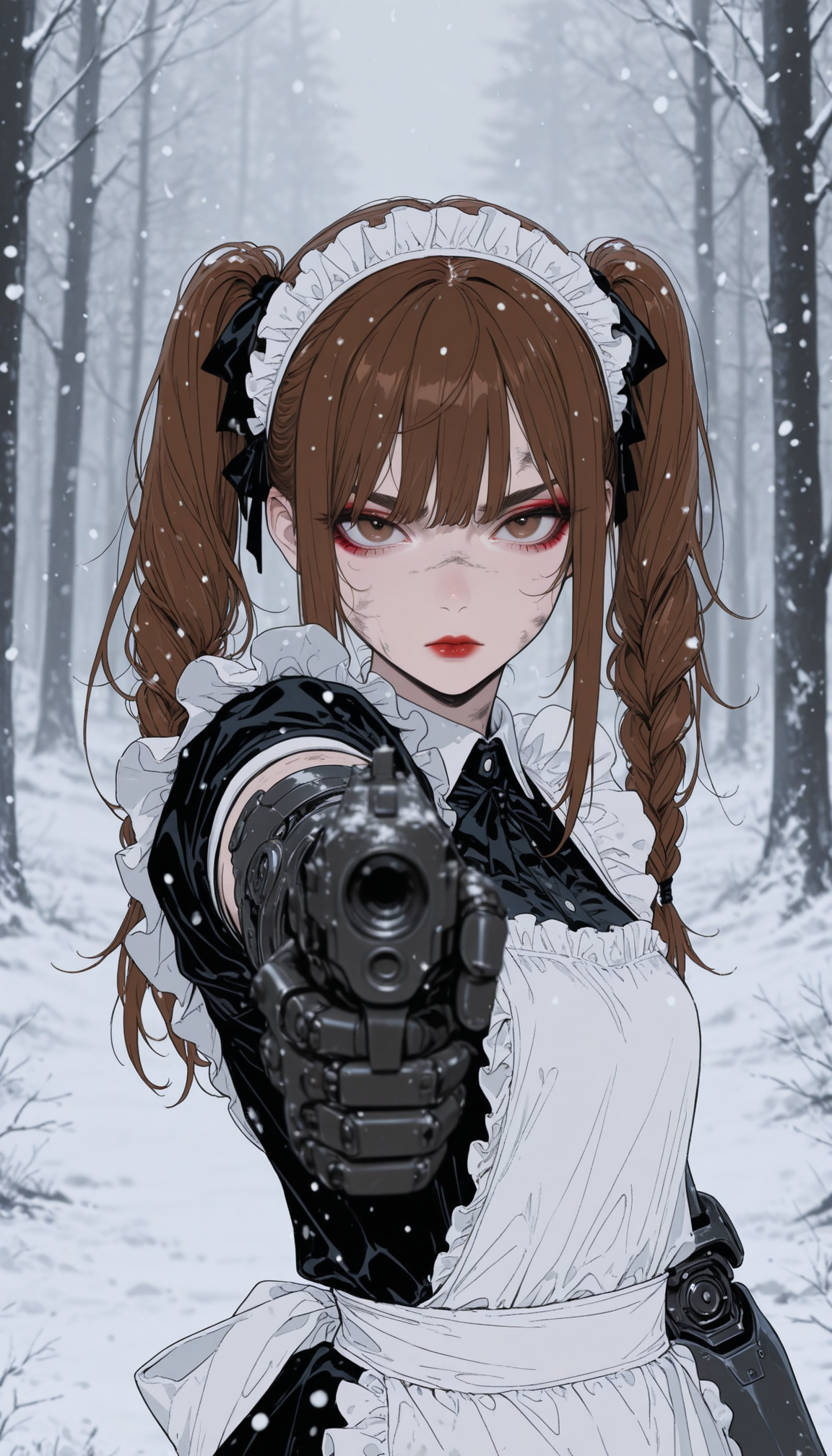 masterpiece, best quality, amazing quality, (anime ccoloring:1.7), (flat color:1.5), 
1girl, solo, brown hair, braided twintails, loose bangs, messy bangs, long sidelocks, thick eyebrows, brown eyes, detailed eyes, eyeshadow, red lips, closed mouth, dirty face, serious expression, focused, looking at viewer, 
maid uniform, sleeveless, maid headdress, black shirt, black bow, white frills, white apron, single mechanical arm, holding weapon, pistol, aiming at viewer, 
forest, trees, snowing, snow on trees, snowflakes, (((blurry foreground, blurry background)))