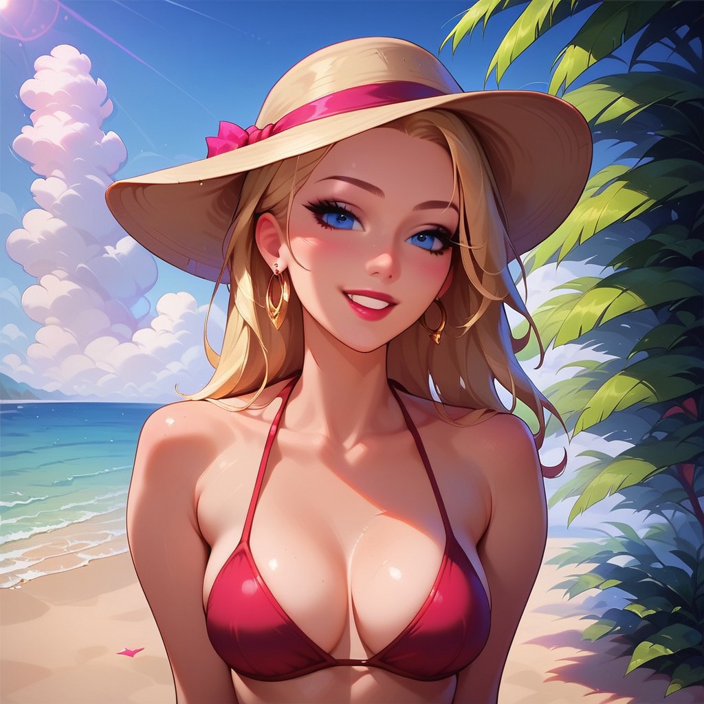 score_9, score_8_up, score_7_up, score_6_up, 1girl, solo, (looking at viewer), smile, upper body, blonde hair, blue eyes, hat, bikini, medium breasts, wide hips, beach, hoop earrings <lora:DG Style:1.0>
