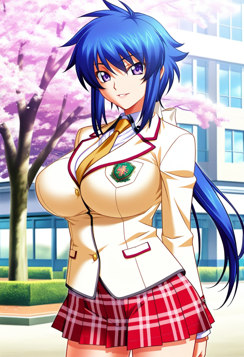 masterpiece, best quality, amazing quality,kaede kiryuu, purple eyes, blue hair, low ponytail, 1girl, solo,breasts,school uniform, large breasts, long hair,yellow necktie, yellow jacket,white shirt,red plaid,red plaid skirt,parted lips, light smile, standing, looking at viewer, cowboy shot, blurry background, outdoors, school, cherry blossoms <lora:kaede kiryuuV1:1>
