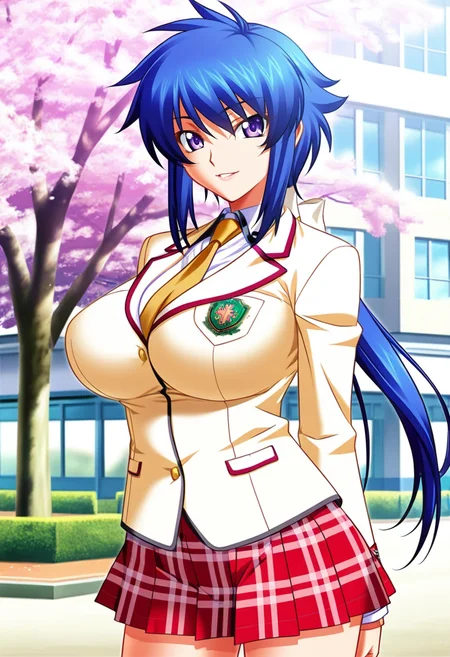 masterpiece, best quality, amazing quality,kaede kiryuu, purple eyes, blue hair, low ponytail, 1girl, solo,breasts,school uniform, large breasts, long hair,yellow necktie, yellow jacket,white shirt,red plaid,red plaid skirt,parted lips, light smile, standing, looking at viewer, cowboy shot, blurry background, outdoors, school, cherry blossoms <lora:kaede kiryuuV1:1>