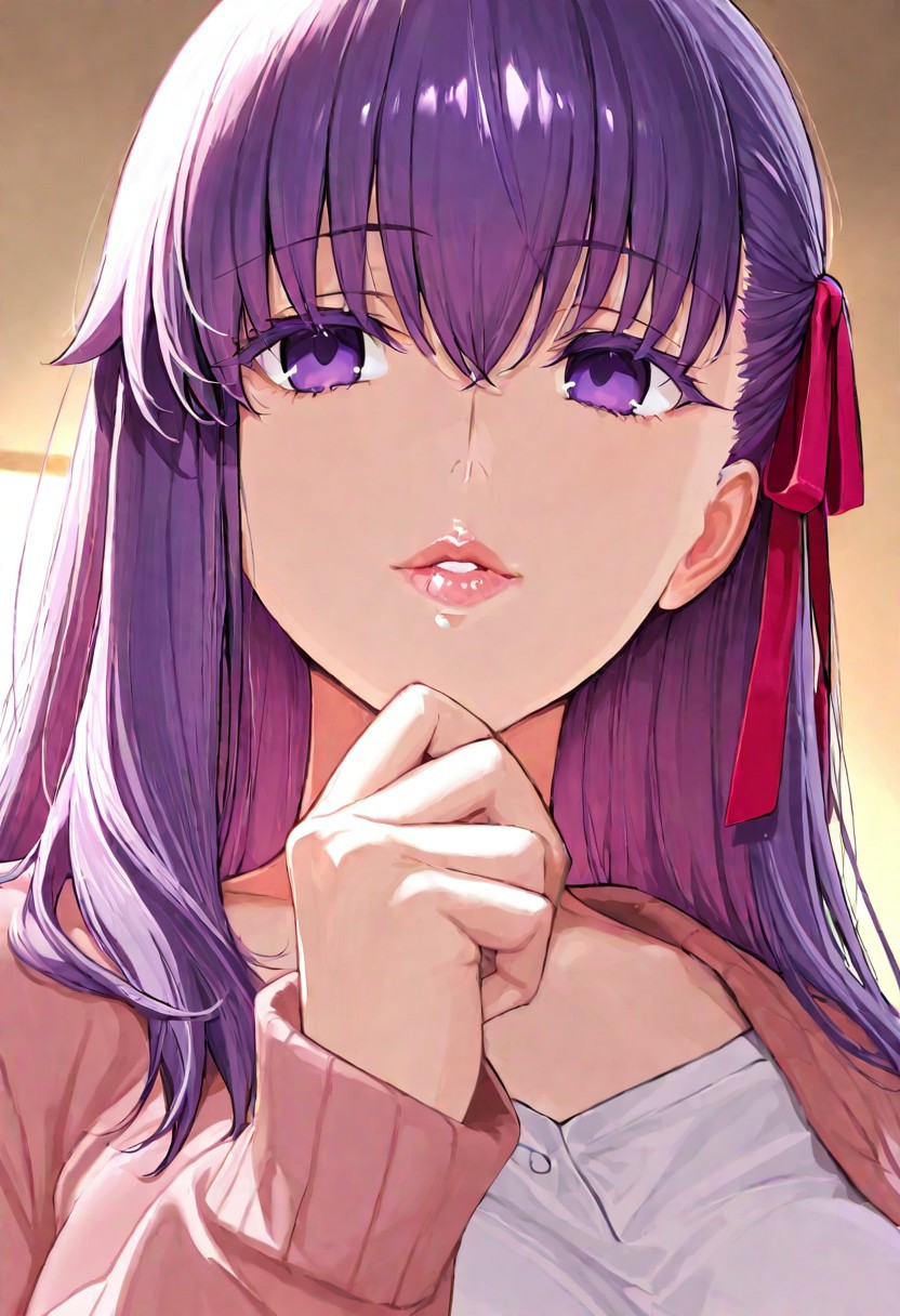 1girl, Matou Sakura \(fate\),, adult woman, masterpiece, pink cardigan, a white shirt, hand up, violet hair, long hair, red-pink ribbon on the left side of hair, luscious lips, lip gloss, portrait, colored eyelashes, backlighting, violet eyes, goddess, glossy skin, ,hires,best quality, very aesthetic,absurdres,score_9, score_8_up, score_7_up, score_6_up, score_5_up, score_4_up, (hyper extreme detailed), (hyper quality), game CG, (colour:1.2),(from side:0.7)