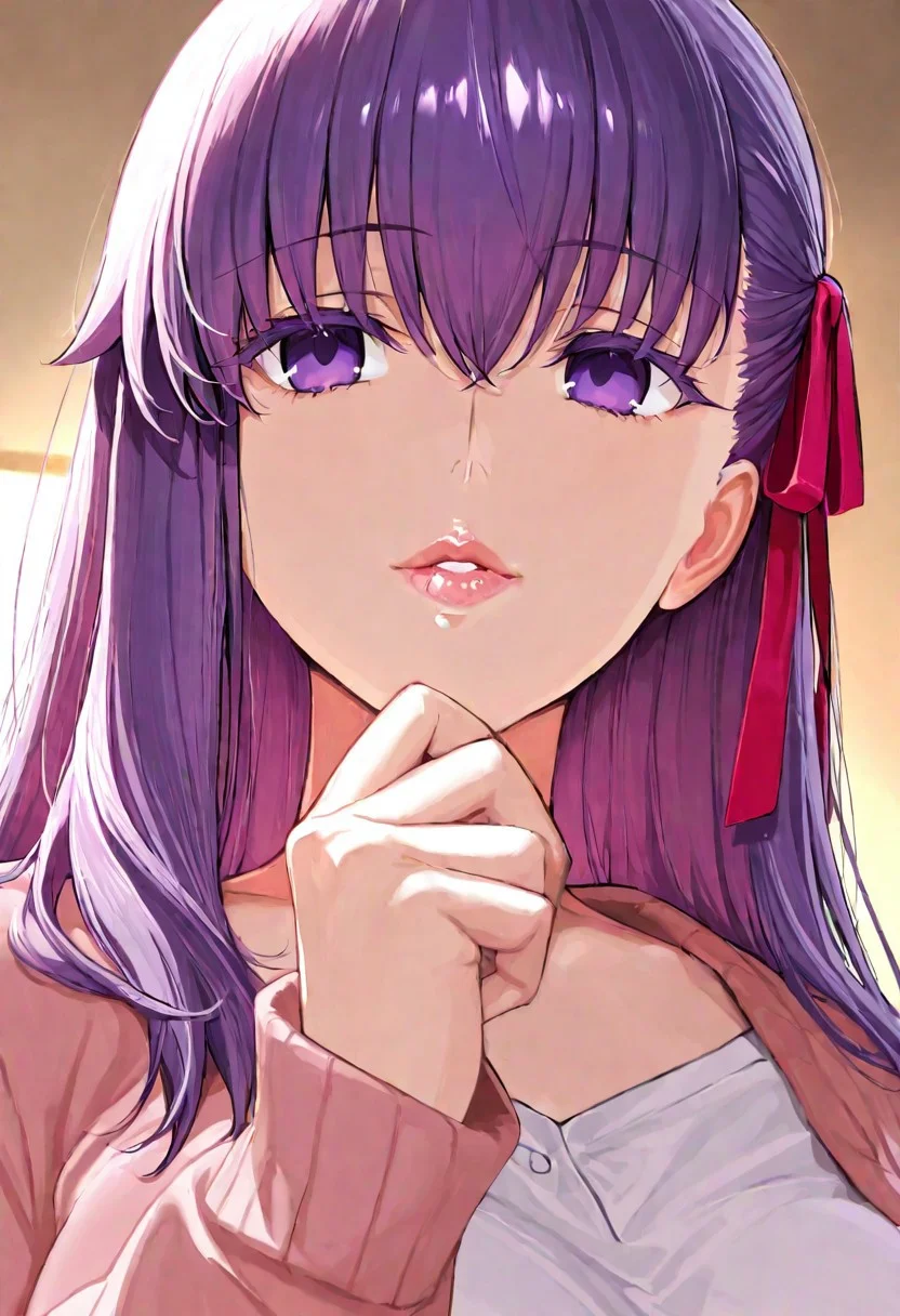 1girl, Matou Sakura \(fate\),, adult woman, masterpiece, pink cardigan, a white shirt, hand up, violet hair, long hair, red-pink ribbon on the left side of hair, luscious lips, lip gloss, portrait, colored eyelashes, backlighting, violet eyes, goddess, glossy skin, ,hires,best quality, very aesthetic,absurdres,score_9, score_8_up, score_7_up, score_6_up, score_5_up, score_4_up, (hyper extreme detailed), (hyper quality), game CG, (colour:1.2),(from side:0.7)