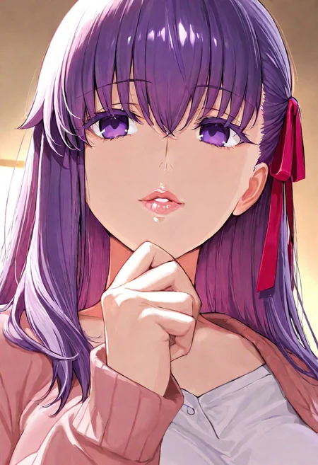 1girl, Matou Sakura \(fate\),, adult woman, masterpiece, pink cardigan, a white shirt, hand up, violet hair, long hair, red-pink ribbon on the left side of hair, luscious lips, lip gloss, portrait, colored eyelashes, backlighting, violet eyes, goddess, glossy skin, ,hires,best quality, very aesthetic,absurdres,score_9, score_8_up, score_7_up, score_6_up, score_5_up, score_4_up, (hyper extreme detailed), (hyper quality), game CG, (colour:1.2),(from side:0.7)