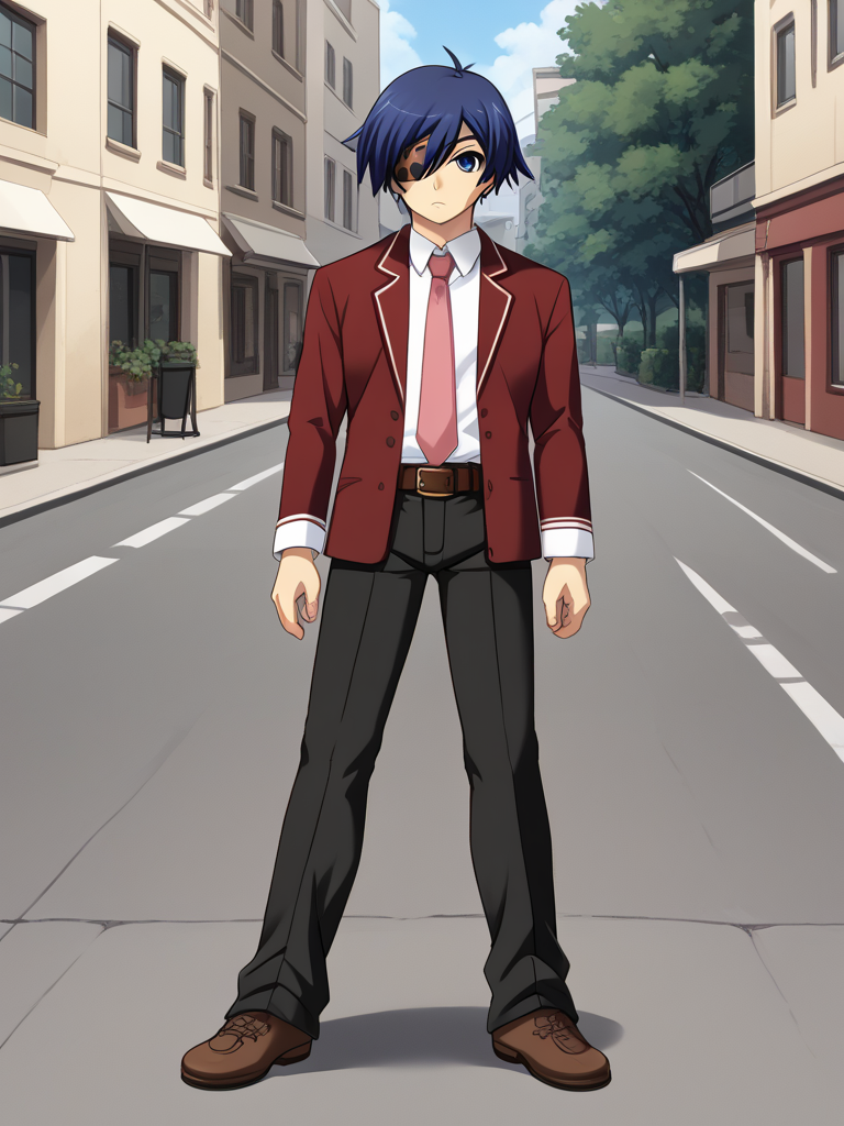 1boy, solo, kakerueleveneyes, blue hair, short hair, ahoge, blue eyes, eyepatch, red blazer, white collared shirt, pink necktie, brown belt, black pants, brown shoes, school uniform, outdoors, street, standing, full body