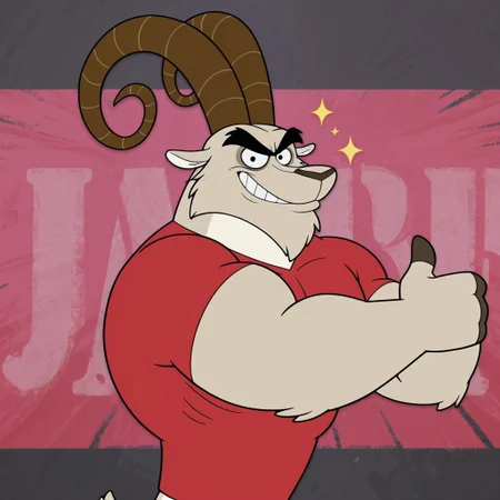 2d, solo, 1boy, Rockhardcase, male, furry, furry male, goat, brown horns, goat horns, beige fur, white fur, two tone fur, black eyebrows, thick eyebrows, black eyes, dark brown claws, short ears, animal ears, digitigrade, hooves, tail, muscular male, red shirt, bottomless
BREAK abstract background, sparkles, grinning, double thumbs up, looking at viewer, (upper body focus)
BREAK best quality, amazing quality, very aesthetic, absurdres, newest
