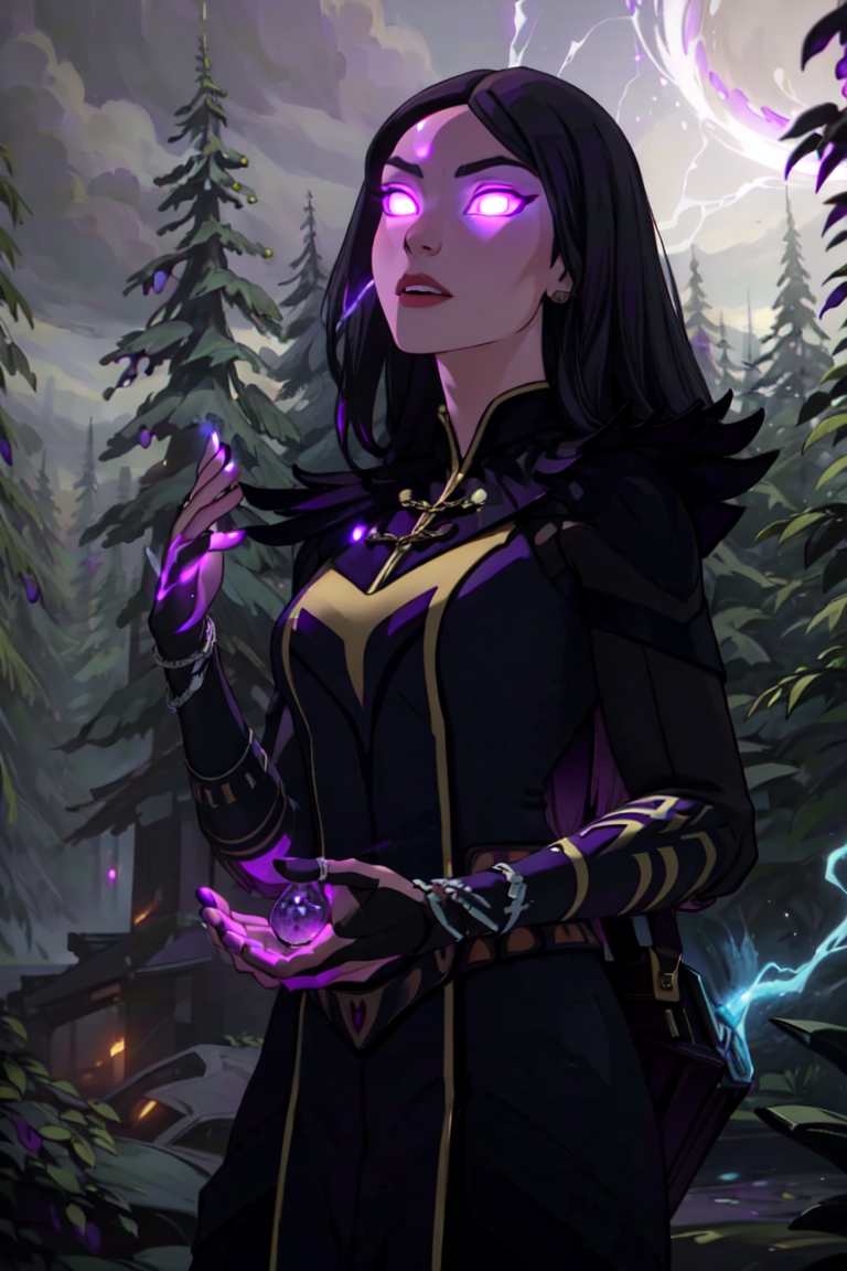Claudia, green eyes, long hair, forest, night time, dark, (purple magic, magic coming from hands, glowing purple eyes:1.5), (realistic:1.2), (masterpiece:1.2), (full-body-shot:1.2),(Cowboy-shot:1.2), dark romantic lighting, (highly detailed:1.2), (detailed face:1.2), (gradients), colorful, detailed eyes, (natural lighting:1.2), solo, <lora:add_detail:0.3> <lora:DragonPrince_Claudia-10:0.9>  <lora:BeautifulEyes:0.3>