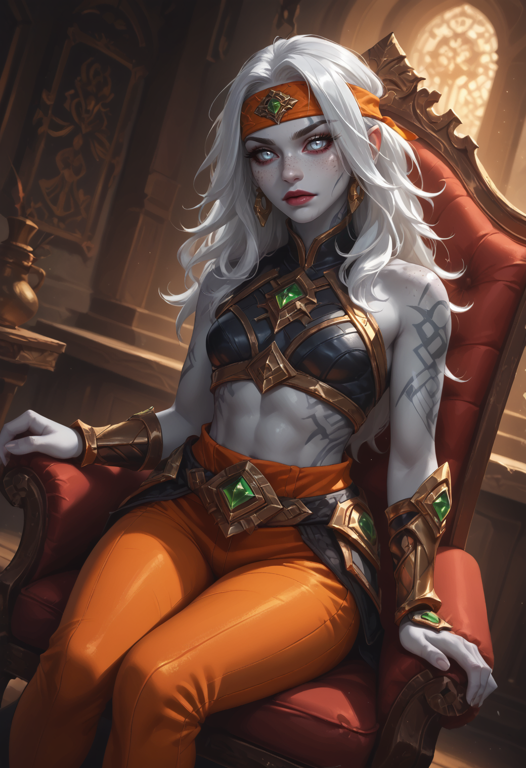 safe_pos, score_9, score_8_up, score_7_up, source_anime, source_western, source_comic BREAK 1girl, solo, duergar, shaggy layered hair with headband, colored skin, dragon tattoo, ,freckles, body freckles, toned body, small breasts BREAK <lora:Dwarf_r2:1.0> Duergar, grey skin, white hair, white eyes, colored skin, fantasy BREAK fantasy, (mischievous:1.0), kubrick stare,inhale, living room, sitting, wariza, on chair, arm chair, green breastplate, bracers, orange leather pants, colored lips BREAK ((dynamic angle)), dramatic lighting BREAK <lora:vivid_everclear:0.4> <lora:RELSM_v1:0.5> <lora:FantasyGPT4VLycoXL:0.6> <lora:FNTS:0.6> FNTS, <lora:Expressive_H:0.6> Expressiveh, <lora:pony_good_hands:0.7> good_hands