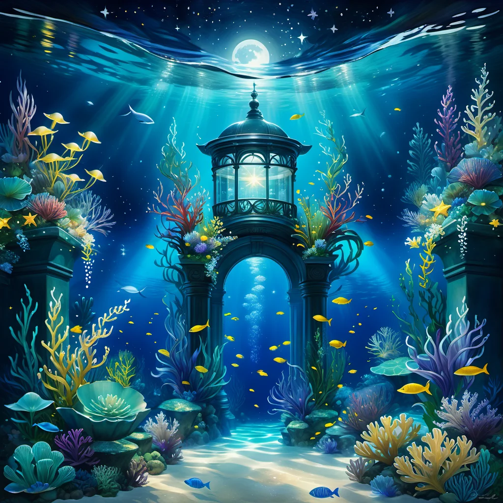 an ocean with an underwater garden under a starry sky at night, award-winning, beautiful, high-quality, overgrown, ethereal, painting