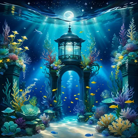 an ocean with an underwater garden under a starry sky at night, award-winning, beautiful, high-quality, overgrown, ethereal, painting