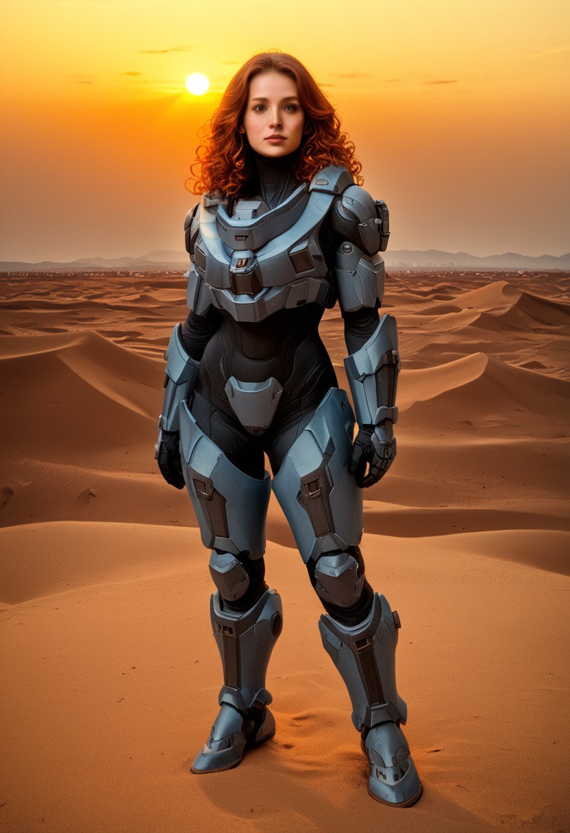 1girl, female, beautiful, natural, perfect, in her 20s, (((power armor))), MJOLNIR armor, (((Linda-058))), Halo Spartan, fragile face, ginger hair, curly hair, loose hair, green eyes, freckles, feminine, fit, big chest, BREAK telephoto, full body, standing gracefully, looking at viewer, sunset, big sun, warm light, contour light, (sand dunes), mountains on the horizon, clear sky, realistic, photorealistic, detailed, score_9, score_8_up, score_7_up