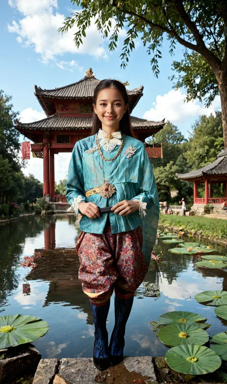 score_9, score_8_up, score_7_up, realistic,
1girl, solo, <lora:Pony_BTT_CHONGKABEN SABAI_v01C:1.2> thai clothes, smile,
nature, outdoors, cloudy sky, morning light, full body, tights, high heels, holding paper fan, water lily, sakura tree, temples, pagoda, ancient buildings, lotus blossom, reflection in water, standing on rock, sunset,
<lora:LCMTurboMix_Euler_A_fix:1>