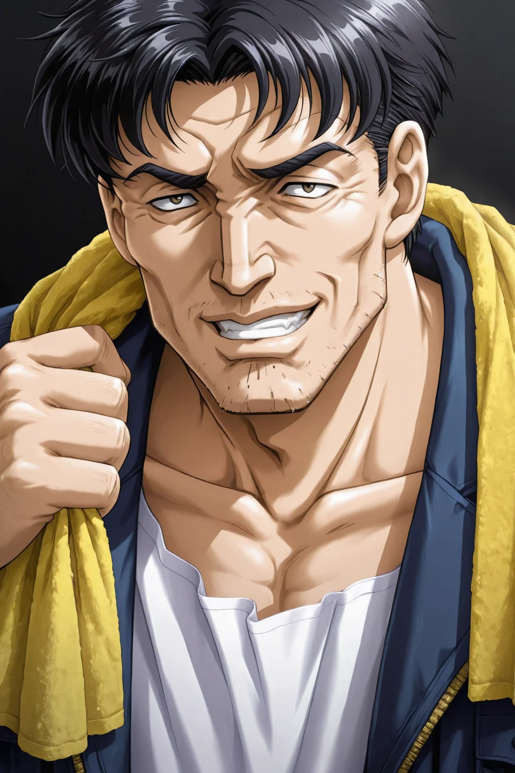 Game CG Style,Shuusaku Itou,1boy,male focus,solo,black background,facial hair,black hair,jacket,simple background,looking at viewer,upper body,stubble,shirt,collarbone,blue jacket,short hair,grin,towel,
<lora:Hidero Horibe_illustriousXL:0.8>,