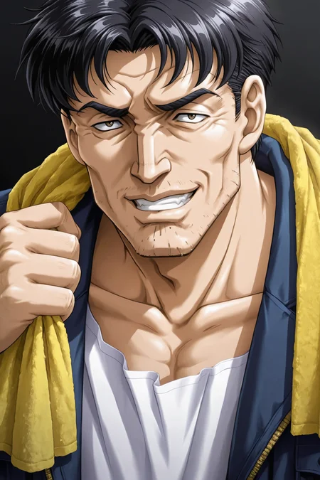 Game CG Style,Shuusaku Itou,1boy,male focus,solo,black background,facial hair,black hair,jacket,simple background,looking at viewer,upper body,stubble,shirt,collarbone,blue jacket,short hair,grin,towel,
<lora:Hidero Horibe_illustriousXL:0.8>,