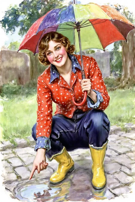 jamesmontgomeryflagg1 illustration. A young woman, angled from slightly above and to the right, crouching low to the ground in a puddle. The young woman is wearing bright yellow rubber boots and a red jacket with white polka dots. The jacket sleeves are pushed up to reveal blue cuffs. The young woman also wears dark blue jeans and has a smile on her face as she extends her right index finger to touch the water in the puddle. She holds a large, open umbrella with rainbow-colored panels and a red handle over her. The ground is wet and paved with grey stones, reflecting the sky and umbrella. The background is slightly blurred, showing hints of green grass and trees. The lighting is overcast and diffused, typical of a rainy day. <lora:jamesmontgomeryflagg1_cap_d8a4e12:1.0><lora:859174003787434871:0>