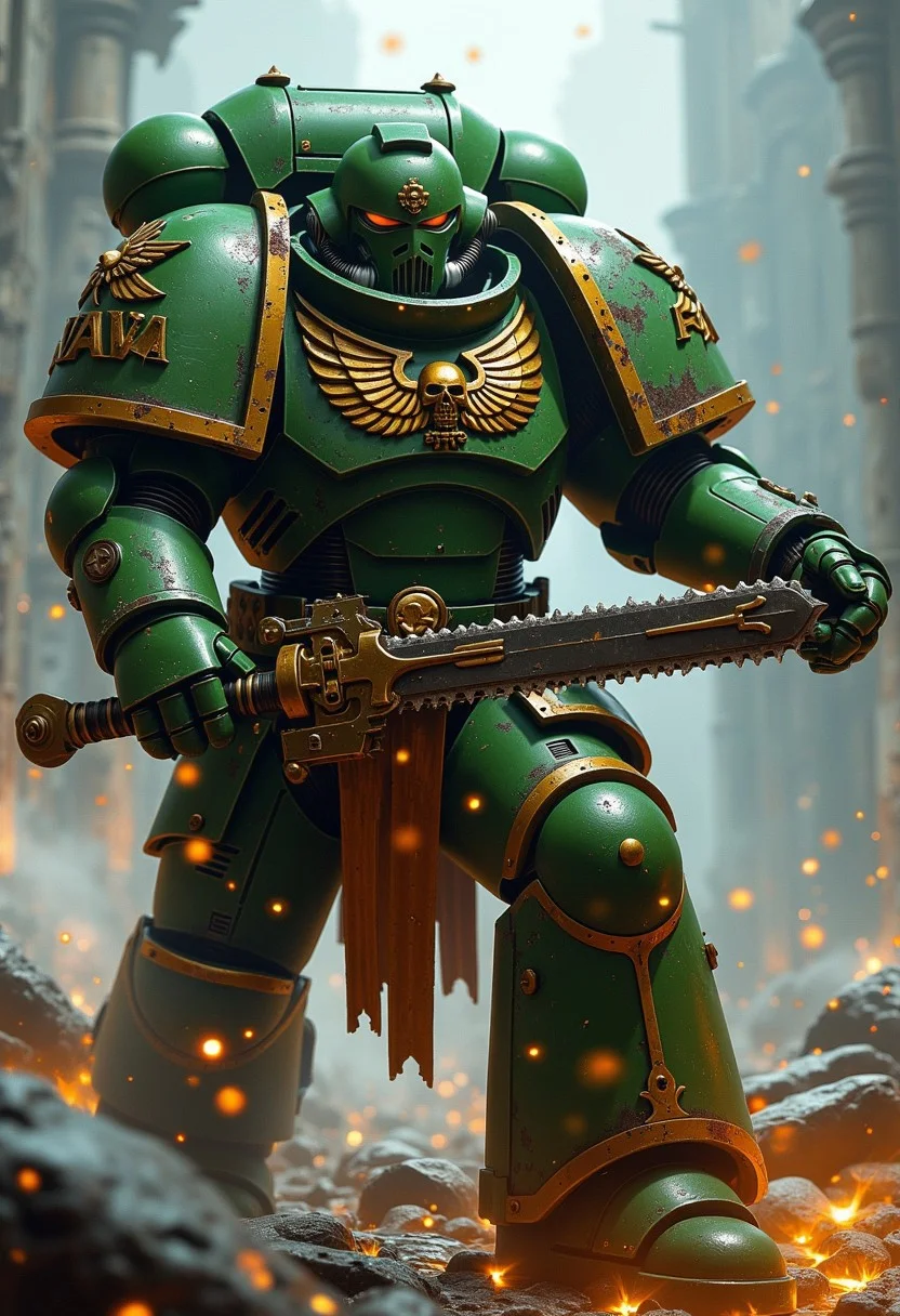Warhammer 40k space marine wielding a chainsaw sword