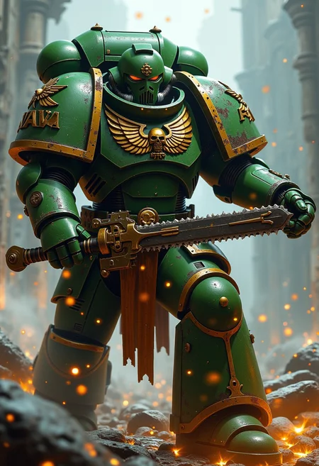 Warhammer 40k space marine wielding a chainsaw sword